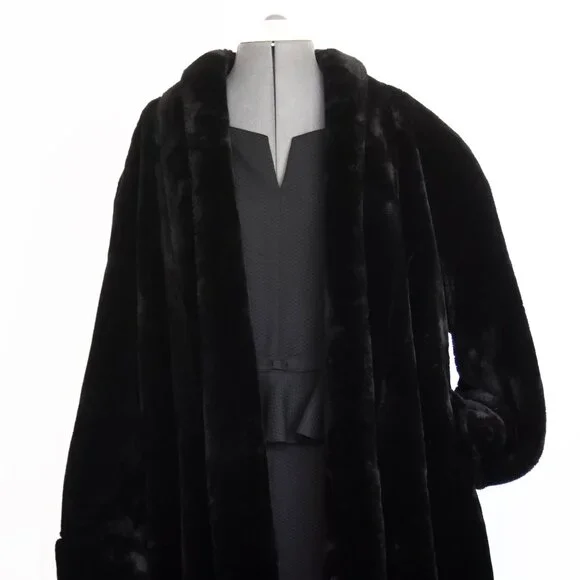Black Long Plush Faux Fur Coat London Fog Winter Outerwear Coat Full Length 10 - Picture 3 of 9